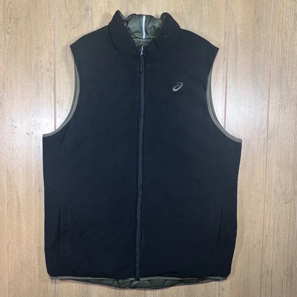 Asics Reversible Puffer Fleece Vest Mens Black Olive Green Full Zip Quilted XL